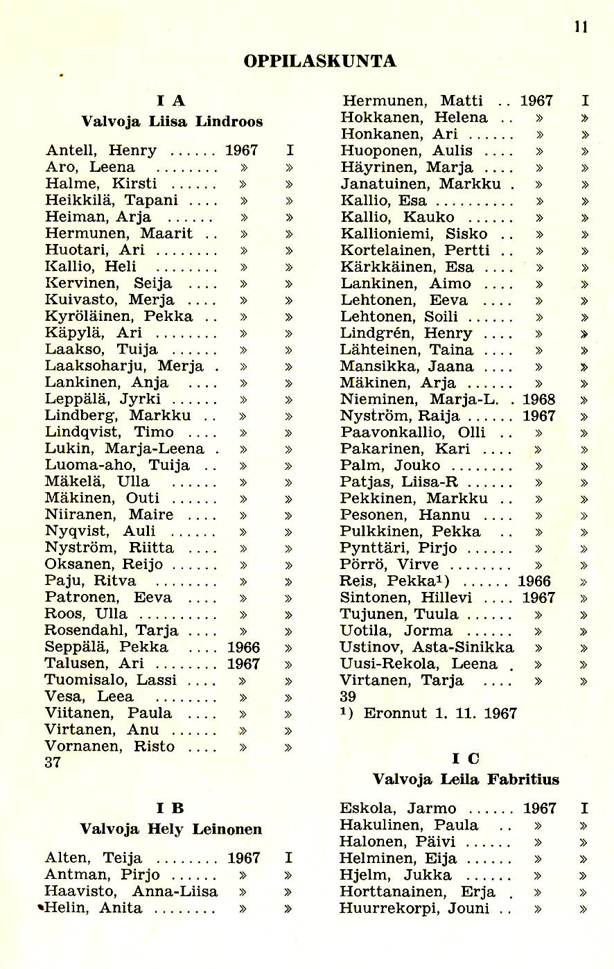 Oppilasluettelo 1967-68 sivu 1