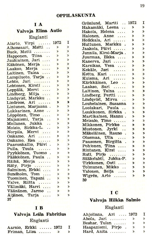 Oppilasluettelo 1972-73 sivu 1