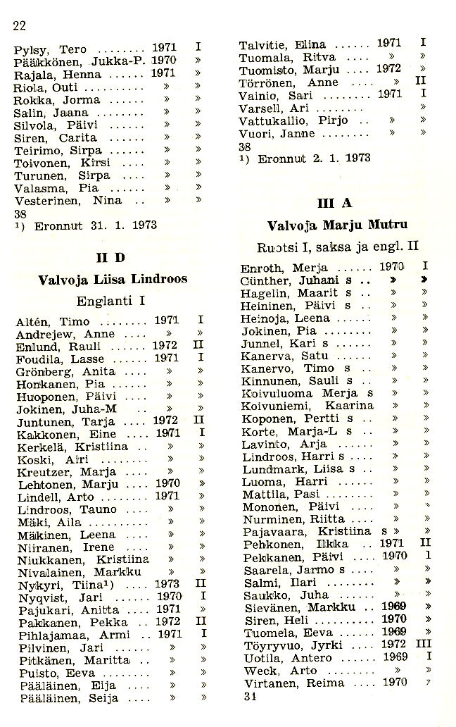 Oppilasluettelo 1972-73 sivu 4