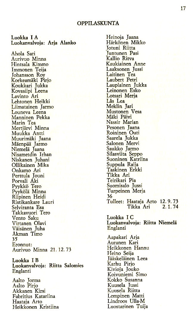 Oppilasluettelo 1973-74 sivu 1