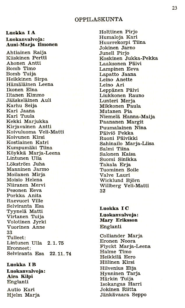 Oppilasluettelo 1974-75 sivu 1