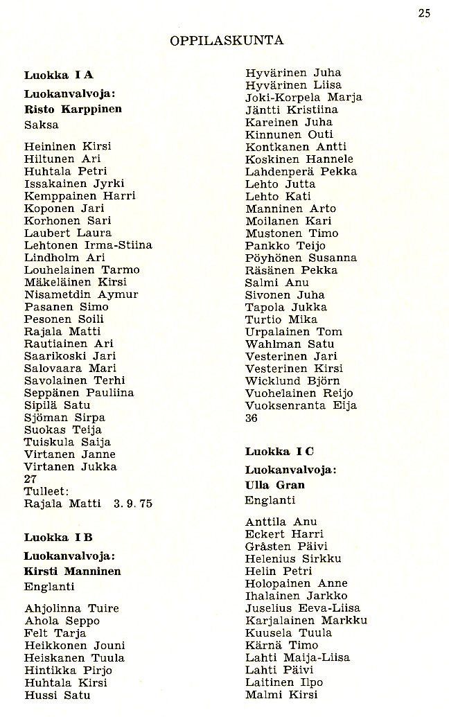 Oppilasluettelo 1975-76 sivu 1