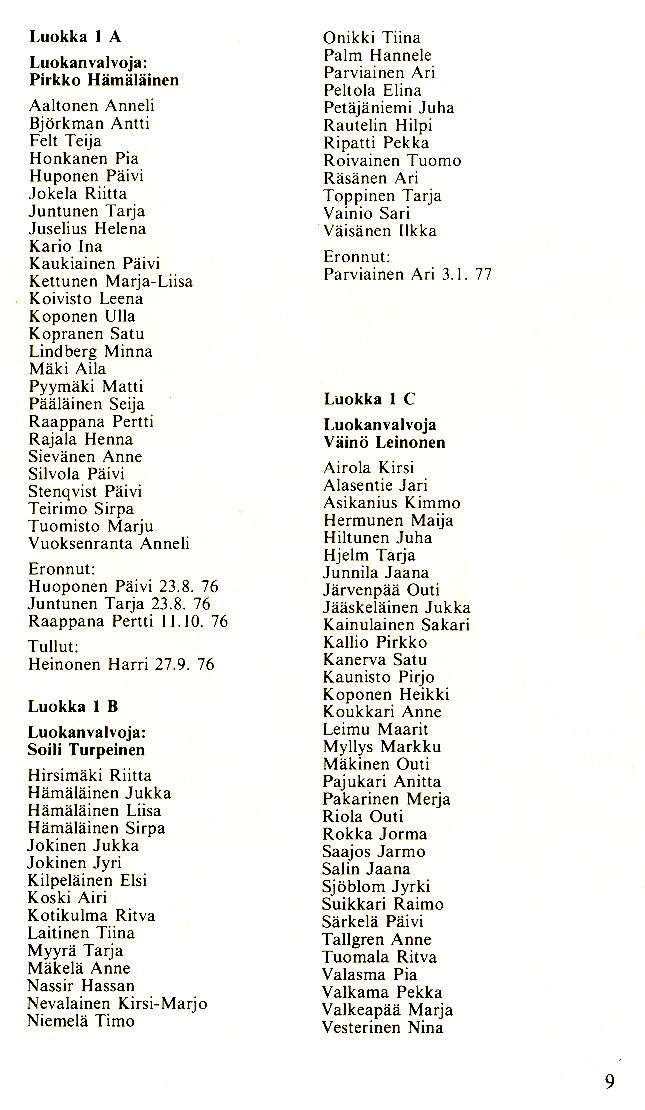 Oppilasluettelo 1975-76 sivu 1