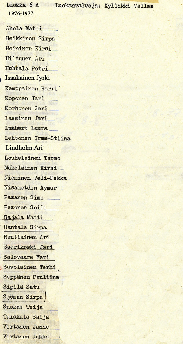 Oppilasluettelo yl�aste 1976-77 sivu 1