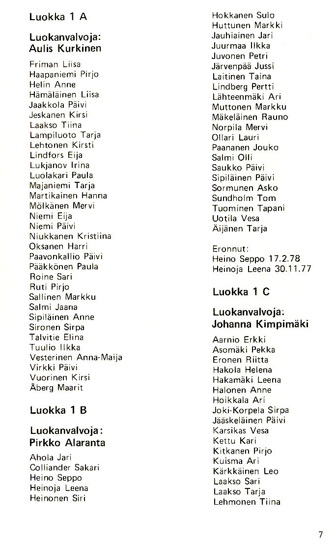 Oppilasluettelo 1977-78 sivu 1