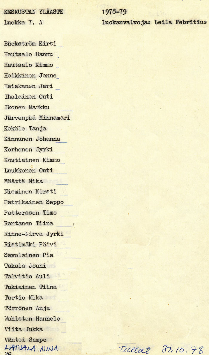 Oppilasluettelo yl�aste 1978-79 sivu 1