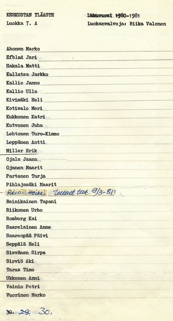Oppilasluettelo yl�aste 1980-81 sivu 1