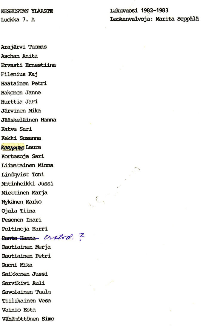 Oppilasluettelo yl�aste 1982-83 sivu 1