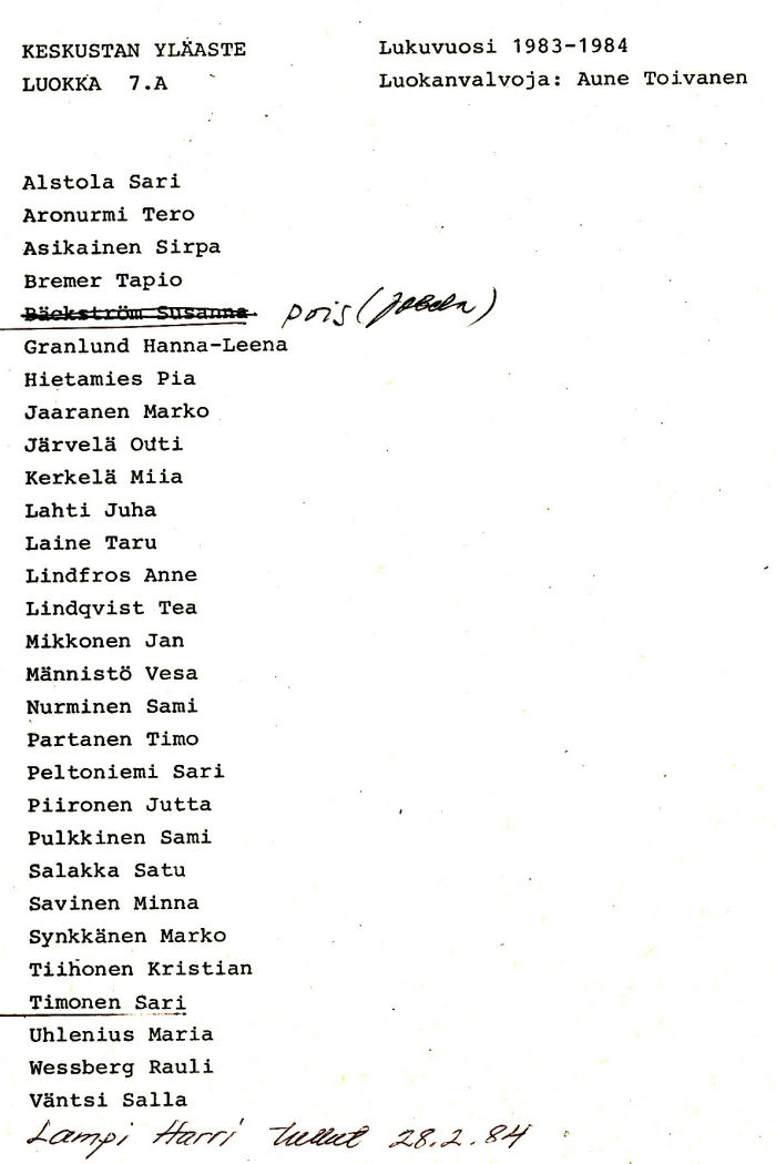 Oppilasluettelo yl�aste 1983-84 sivu 1
