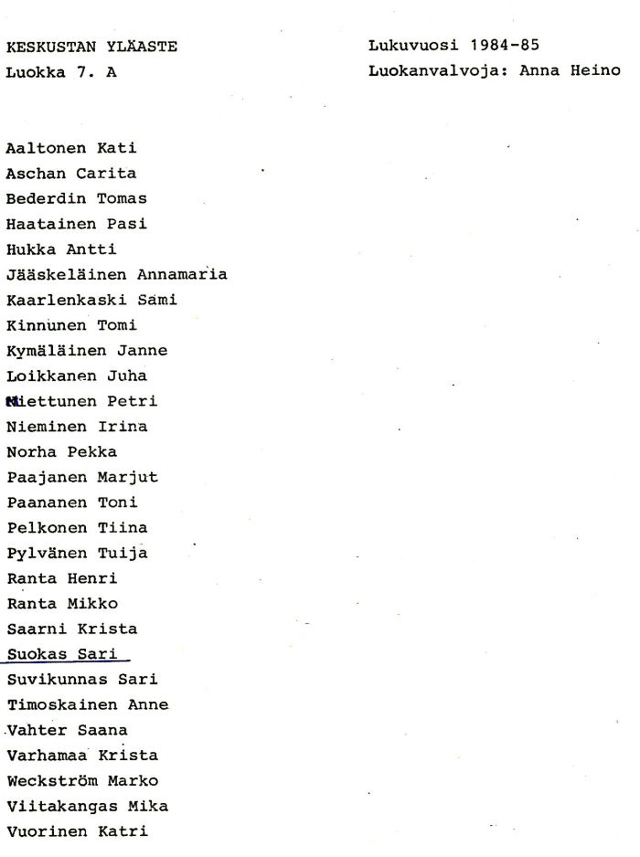 Oppilasluettelo yl�aste 1984-85 sivu 1