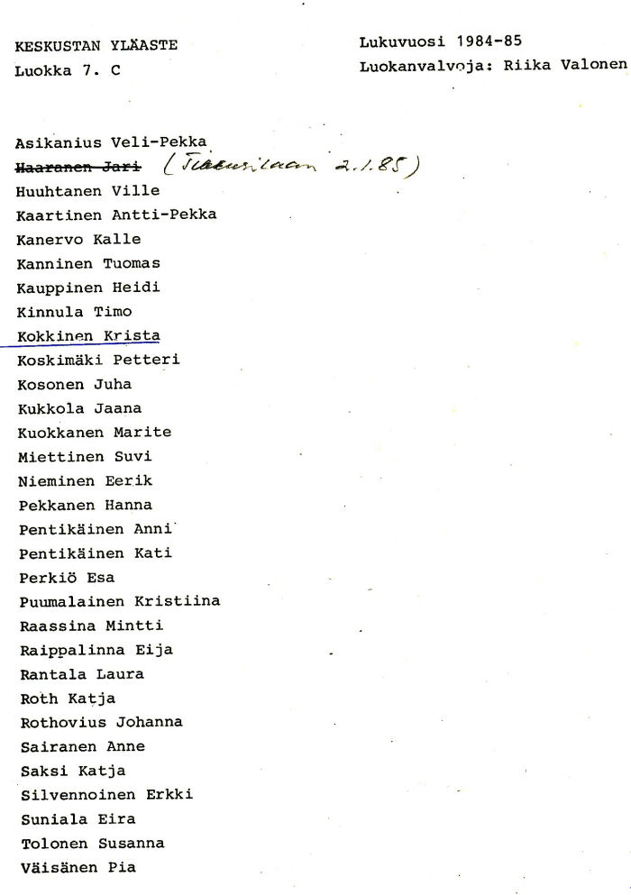 Oppilasluettelo yl�aste 1984-85 sivu 3