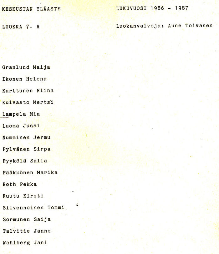 Oppilasluettelo yl�aste 1986-87 sivu 1