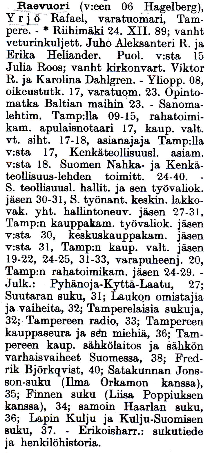 Yrj� Raevuoren matrikkelitietoja