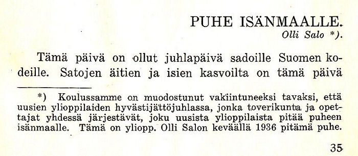 Olli Salon puhe isänmaalle 1936