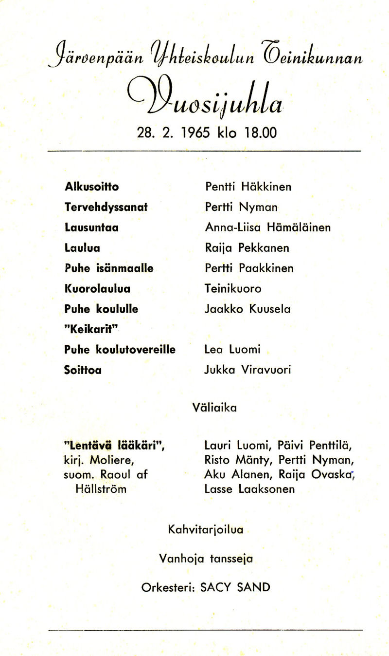Teinikunnan vuosijuhlan ohjelma 28.2.1965
