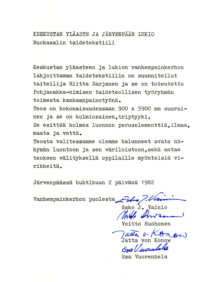 Luontotaulu vanhempainkerhon lahjana 1982