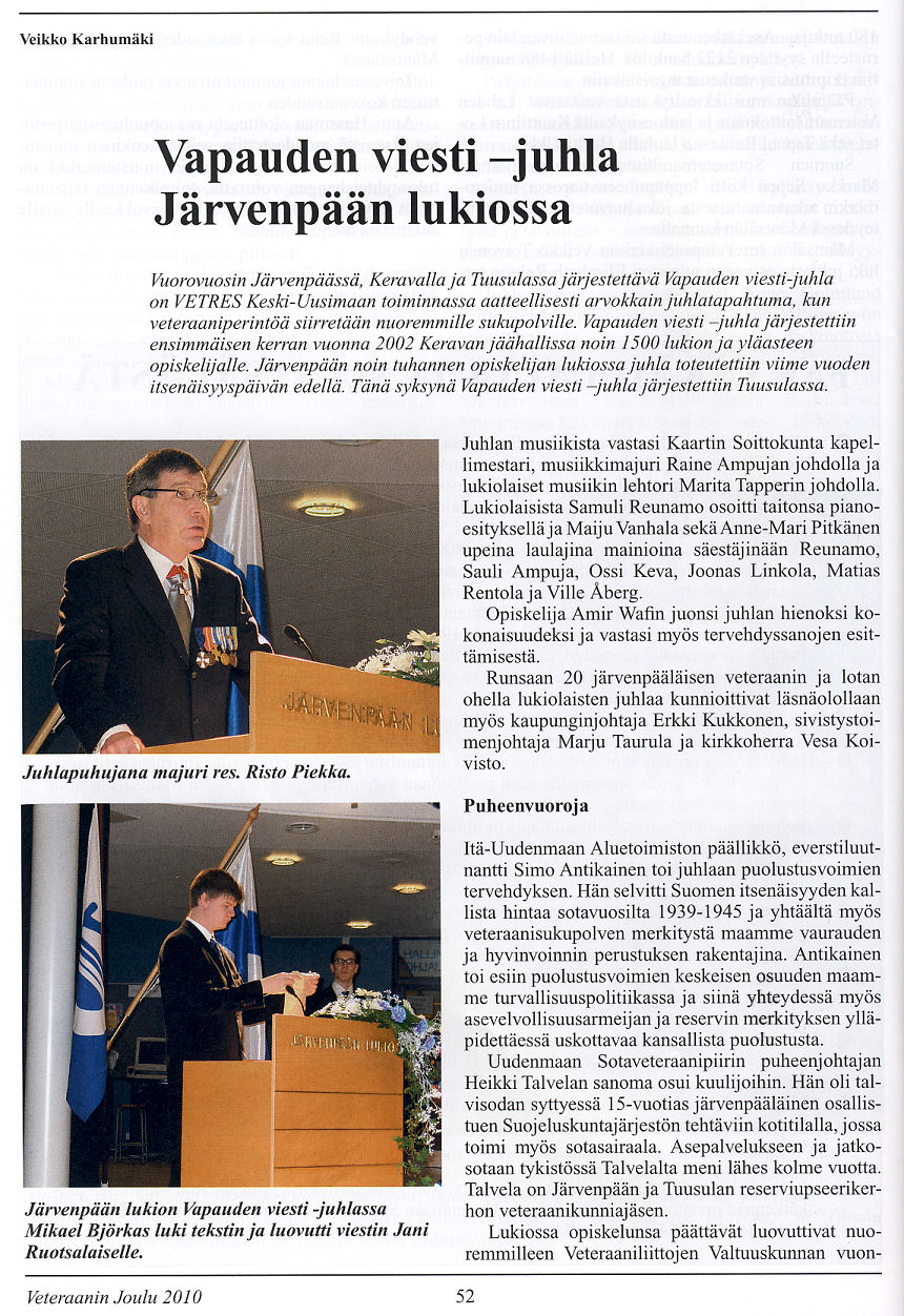 Selostus juhlasta Veteraanin joulu 2010