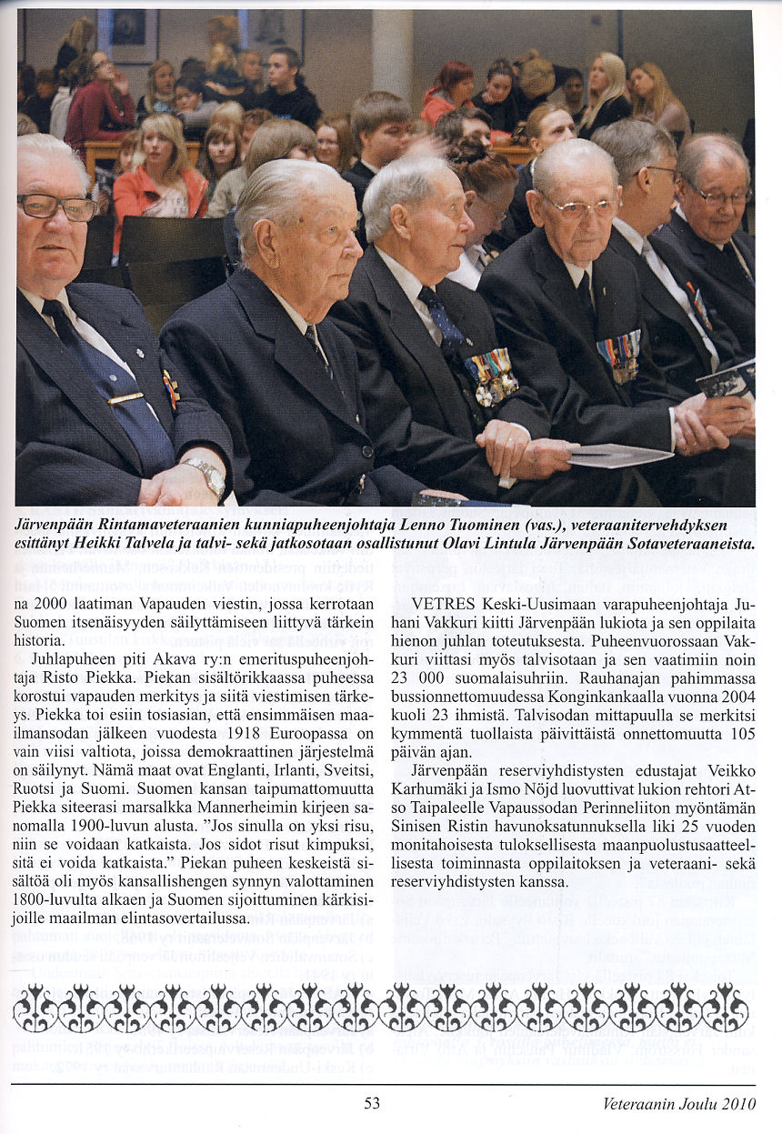 Selostus juhlasta Veteraanin joulu 2010