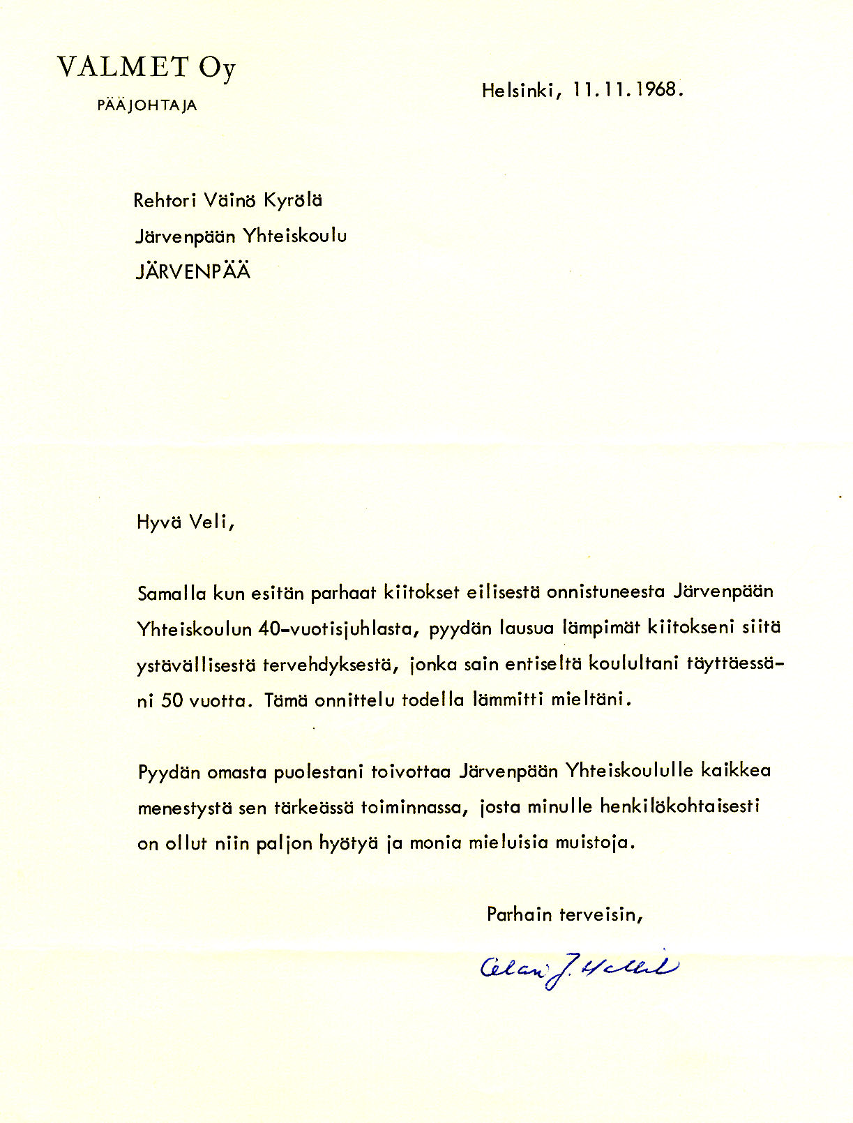 Ministeri Olavi J. Mattilan onnittelu