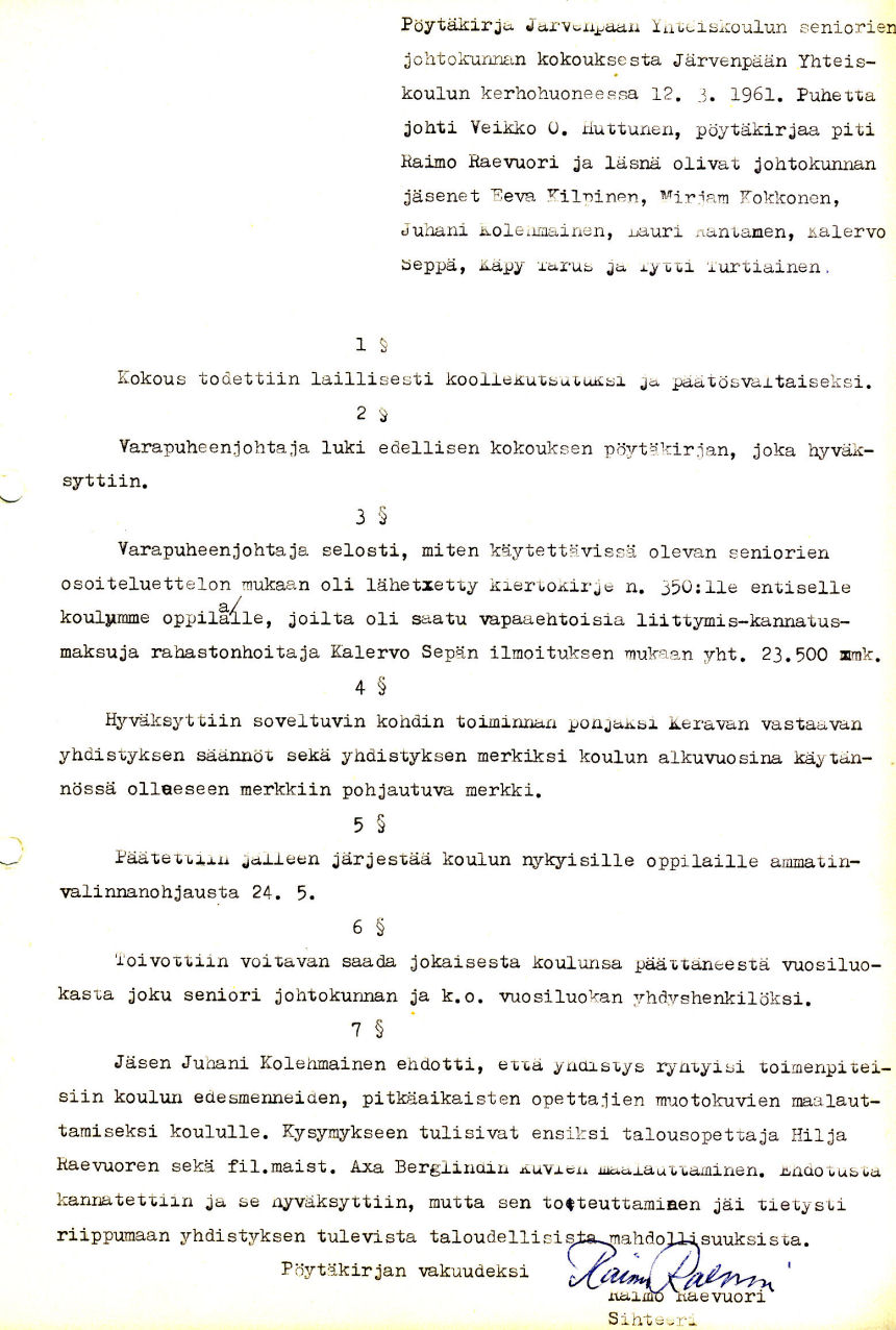 Johtokunnan kokous 12.3.1961