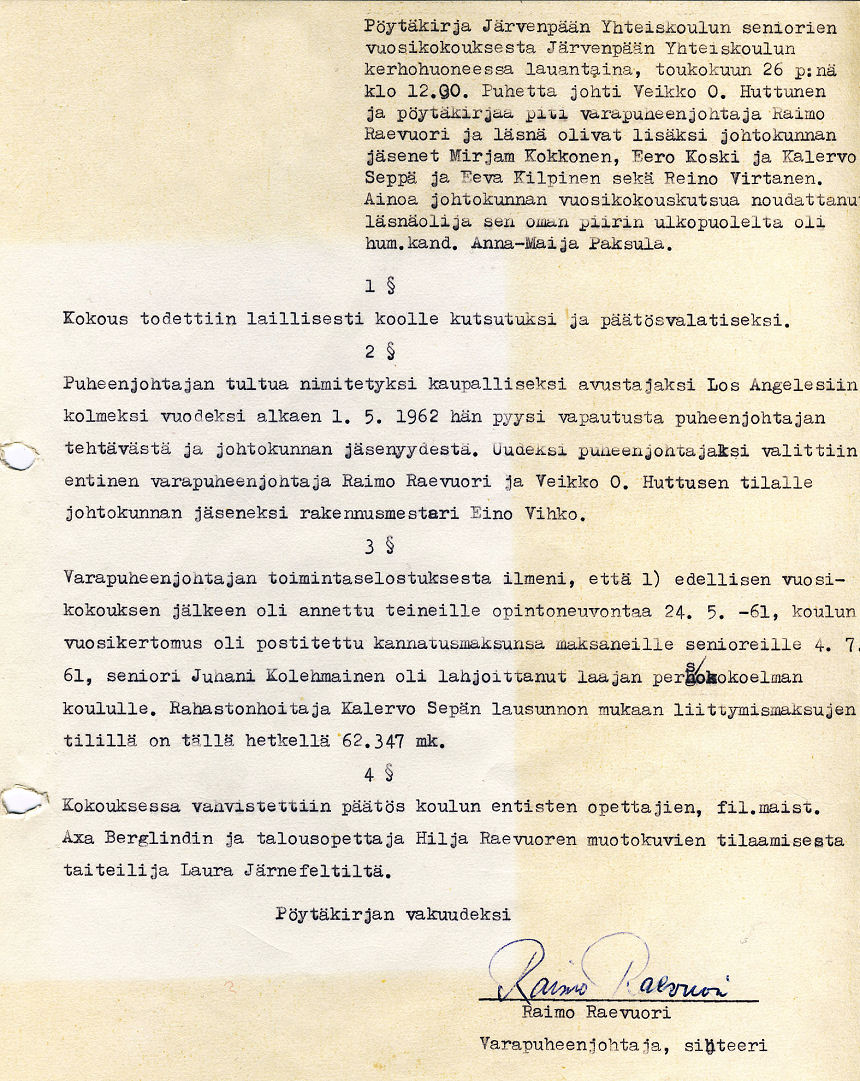 Vuosikokouspöytäkirja 26.5.1962