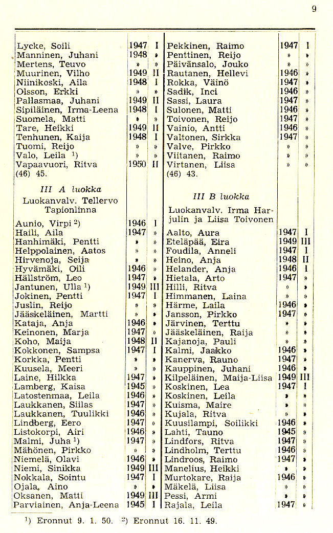 Oppilasluettelo 1949-50 sivu 3