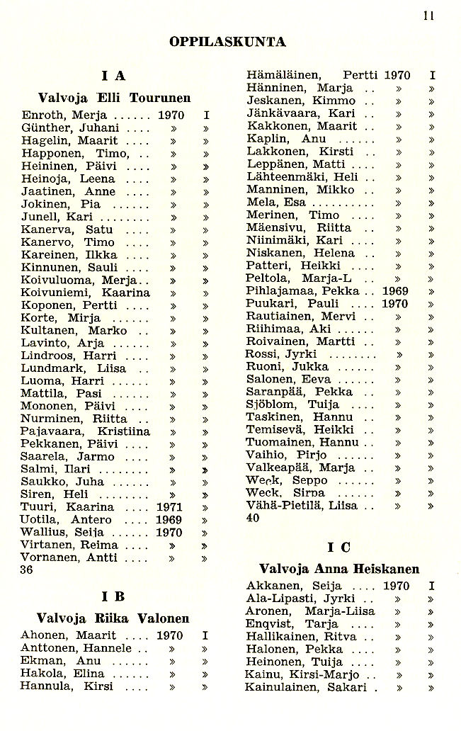 Oppilasluettelo 1970-71 sivu 1