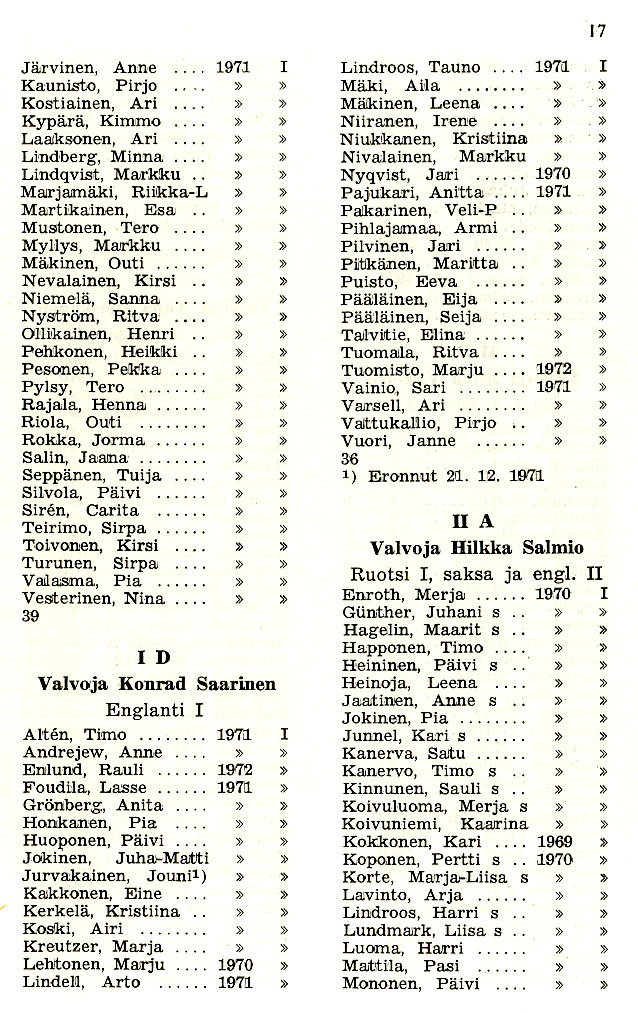 Oppilasluettelo 1971-72 sivu 2