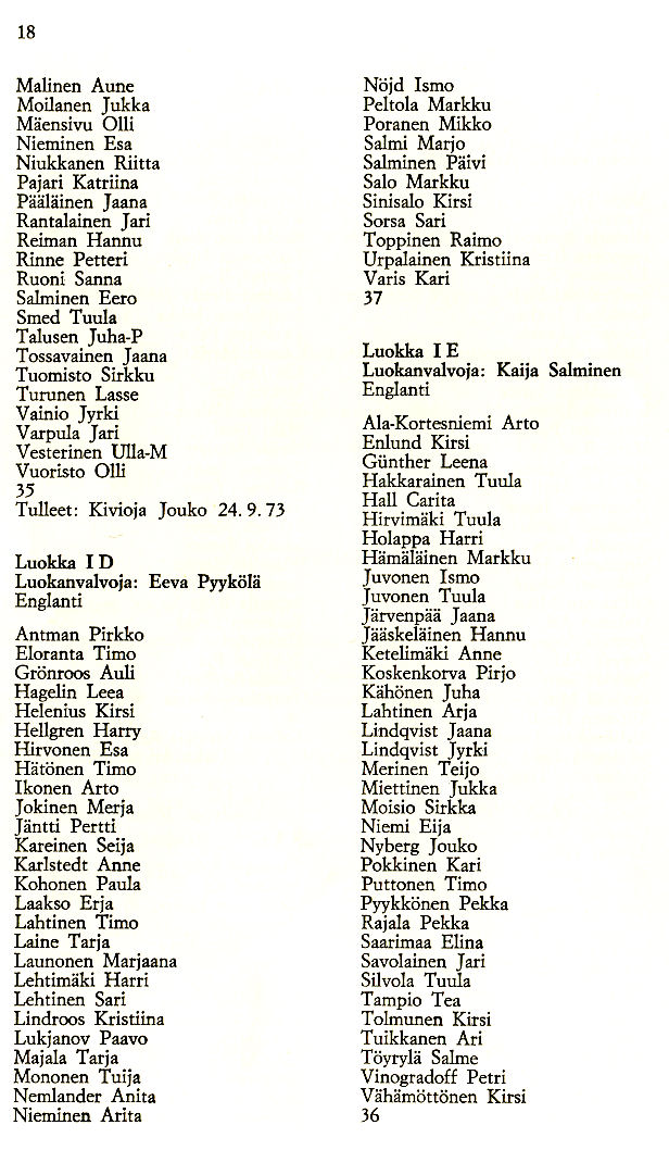 Oppilasluettelo 1973-74 sivu 2