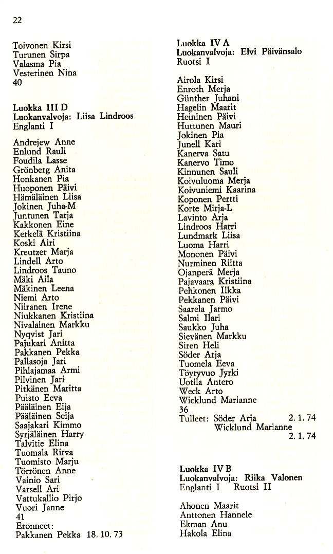 Oppilasluettelo 1973-74 sivu 6