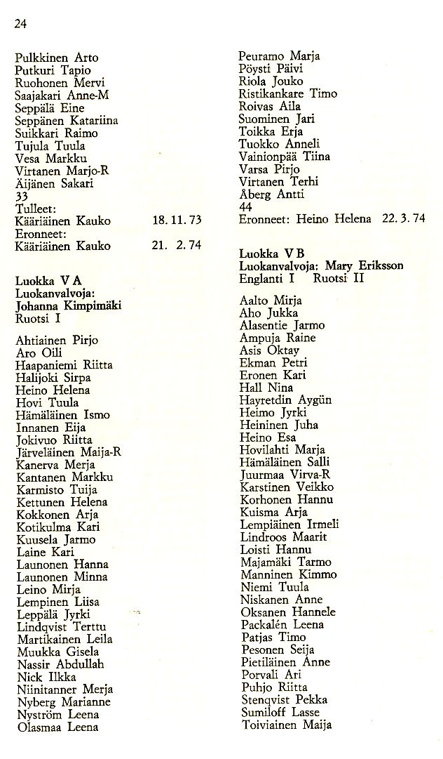 Oppilasluettelo 1973-74 sivu 8