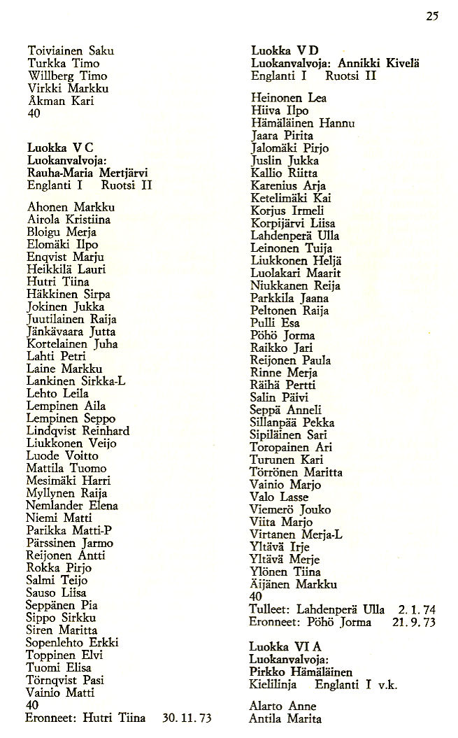 Oppilasluettelo 1973-74 sivu 9