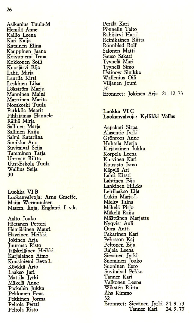 Oppilasluettelo 1973-74 sivu 10