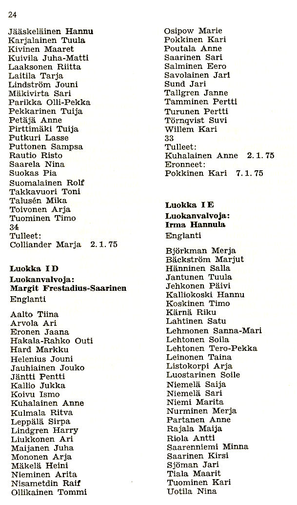 Oppilasluettelo 1974-75 sivu 2