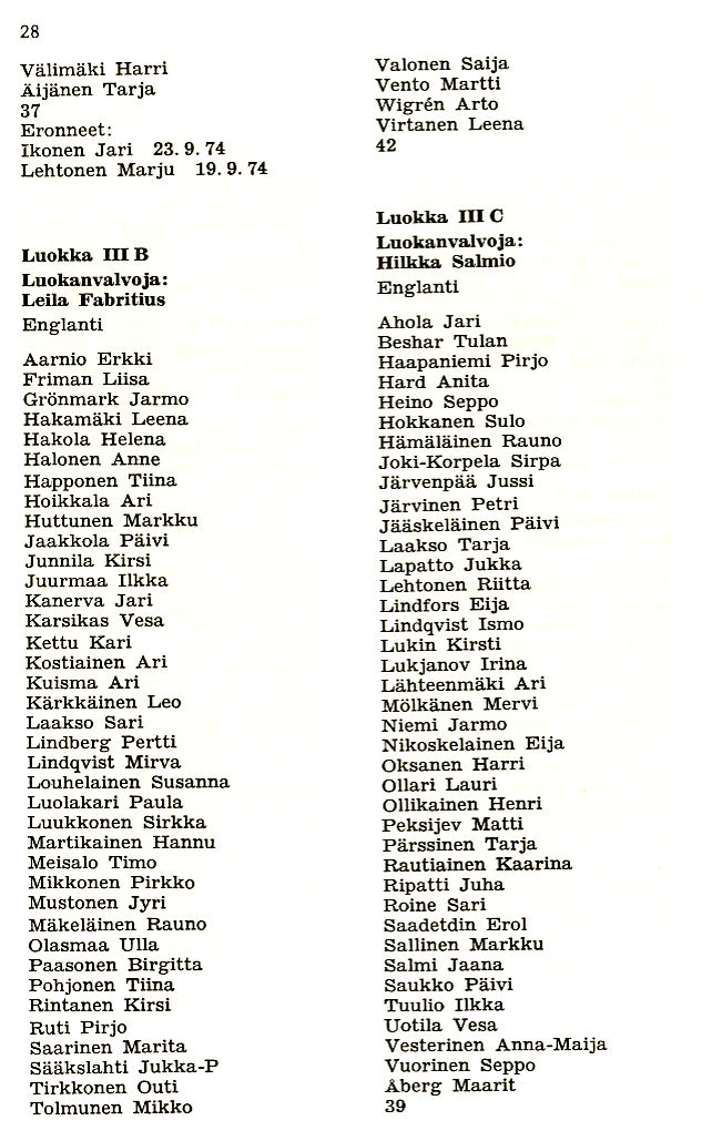 Oppilasluettelo 1974-75 sivu 6