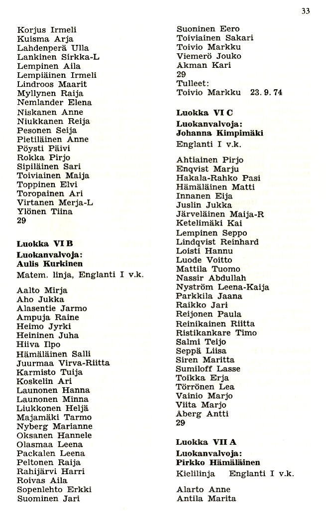 Oppilasluettelo 1974-75 sivu 11