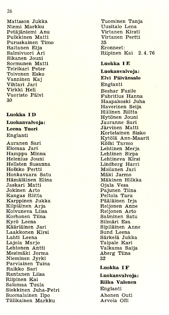 Oppilasluettelo 1975-76 sivu 2