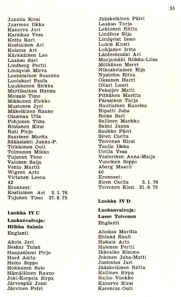 Oppilasluettelo 1975-76 sivu 9