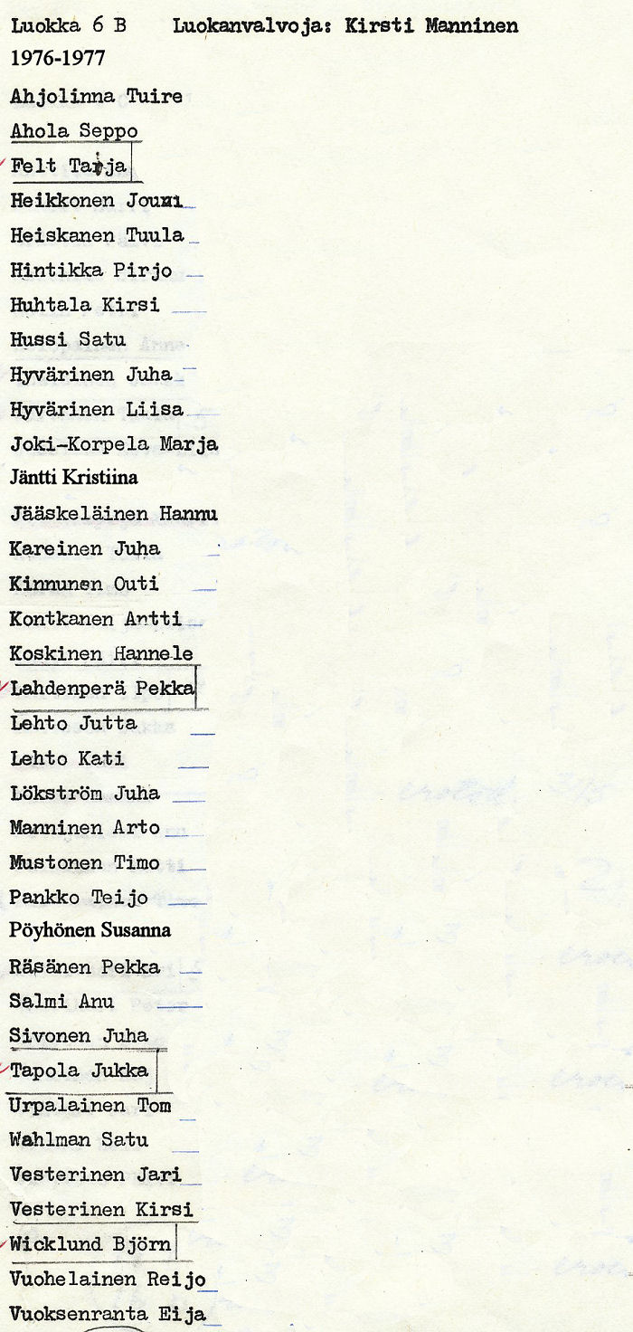 Oppilasluettelo yl�aste 1976-77 sivu 2