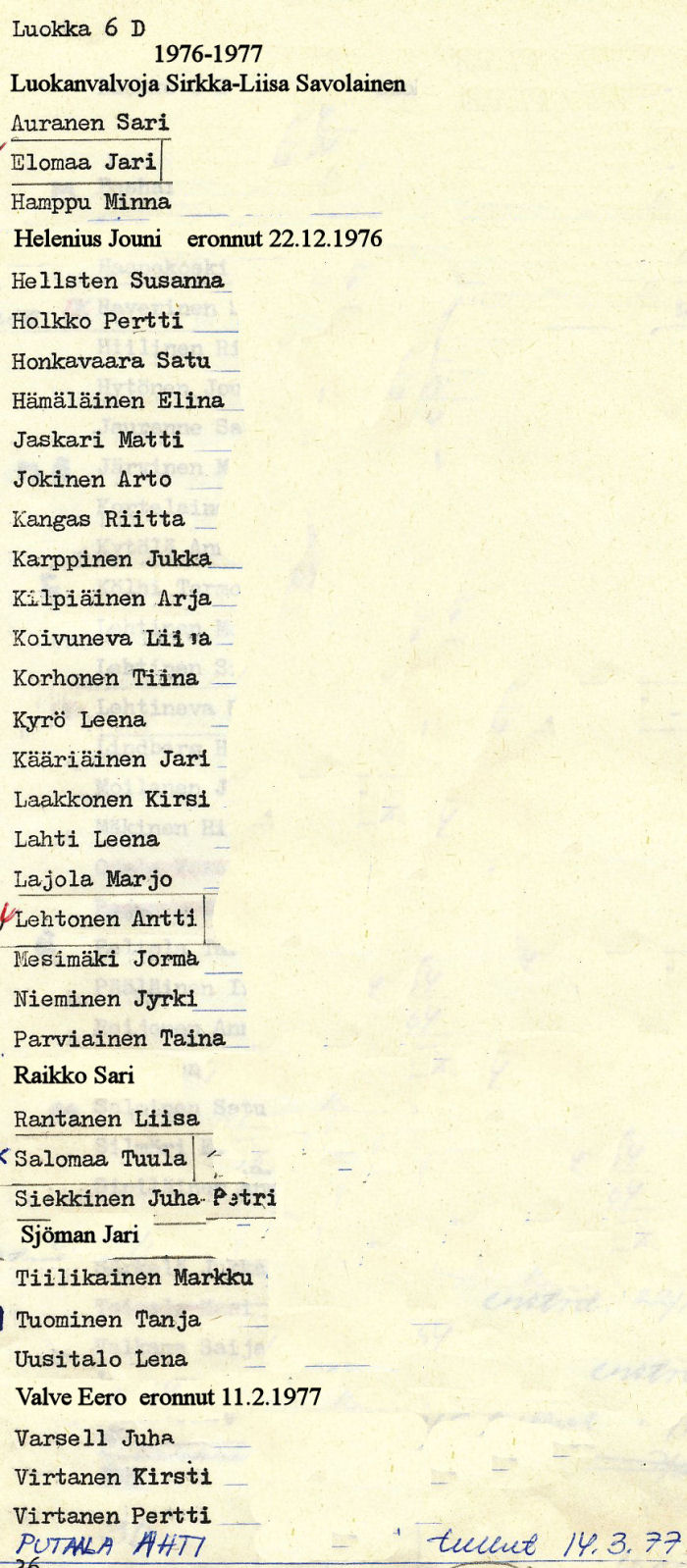 Oppilasluettelo yl�aste 1976-77 sivu 4