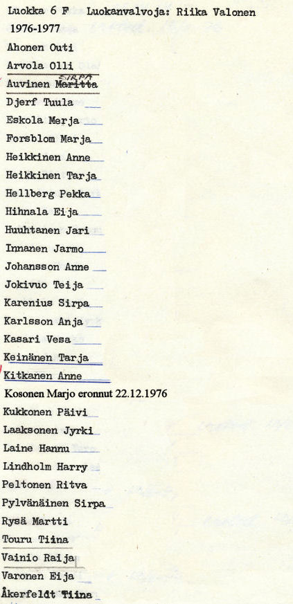 Oppilasluettelo yl�aste 1976-77 sivu 6