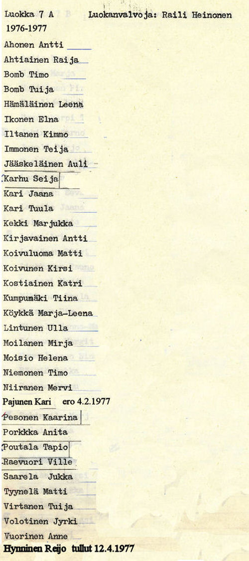 Oppilasluettelo yl�aste 1976-77 sivu 8
