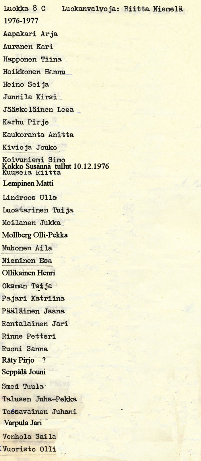 Oppilasluettelo yl�aste 1976-77 sivu 16
