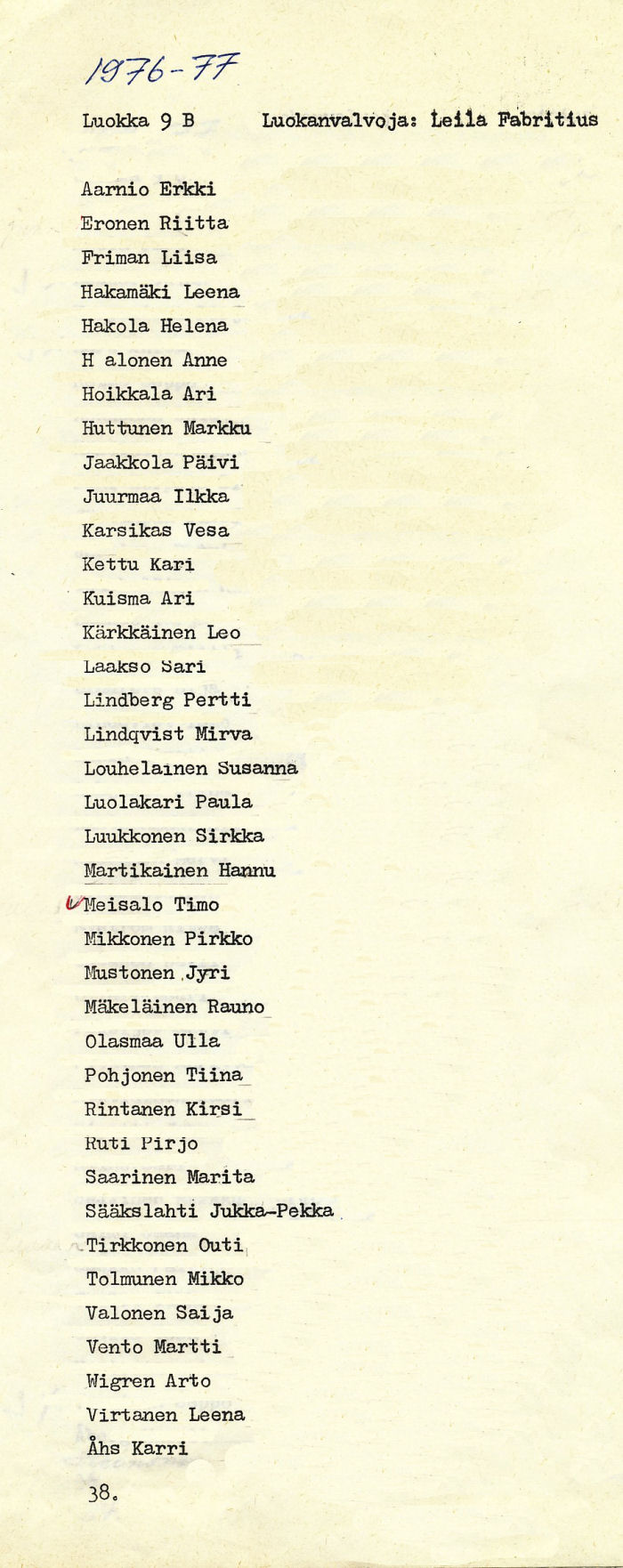 Oppilasluettelo yl�aste 1976-77 sivu 20