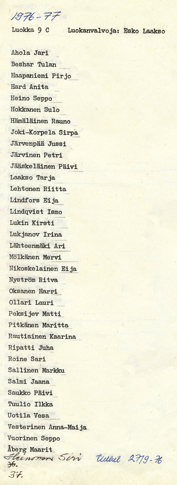 Oppilasluettelo yl�aste 1976-77 sivu 21