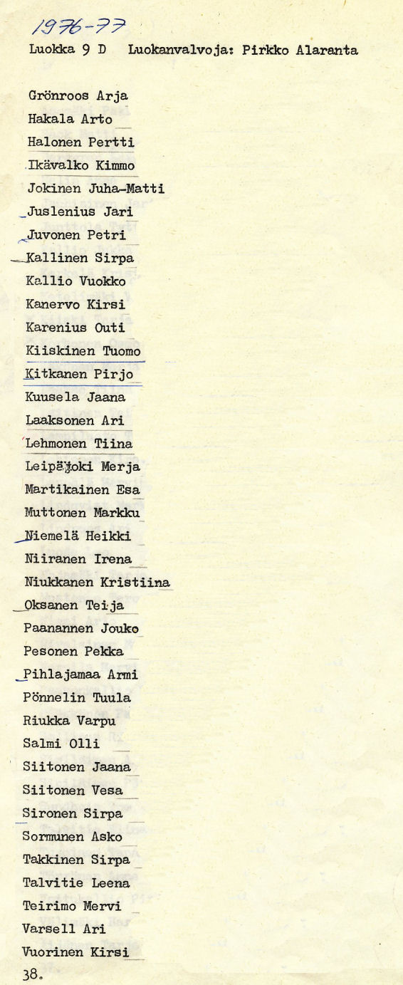 Oppilasluettelo yl�aste 1976-77 sivu 22