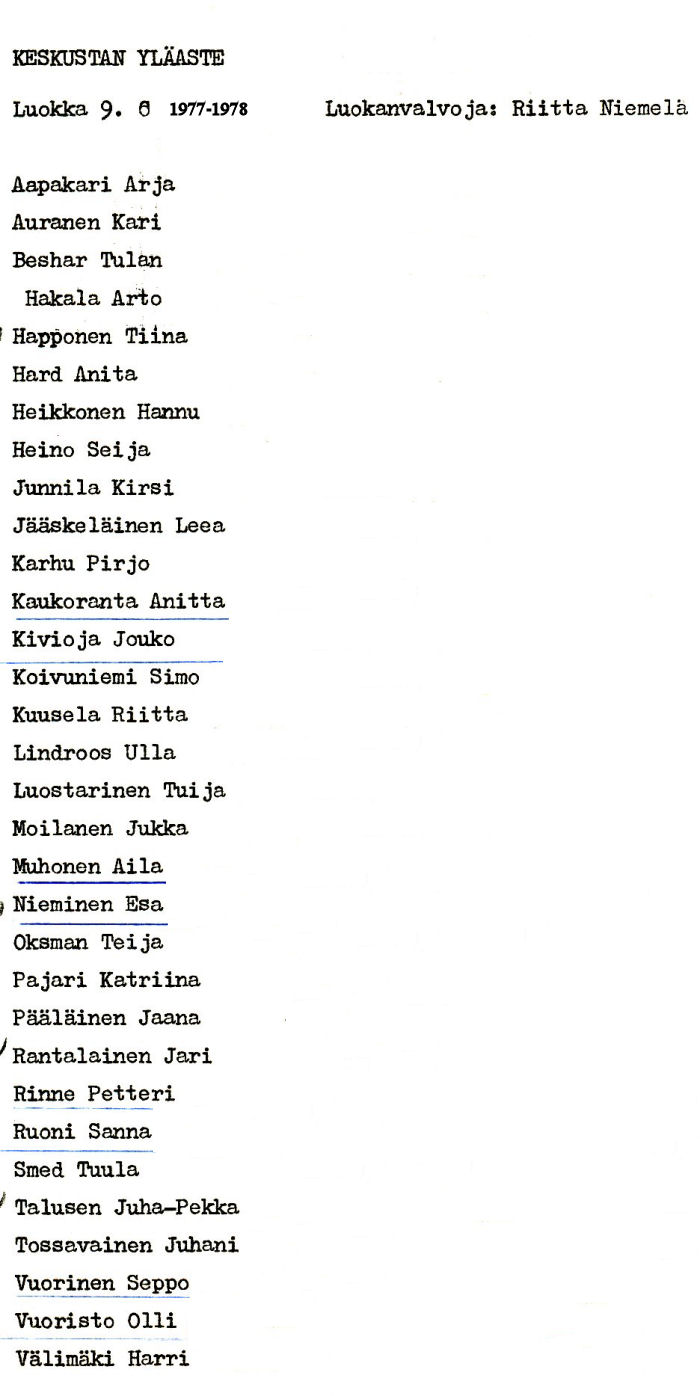 Oppilasluettelo yl�aste 1977-78 sivu 16