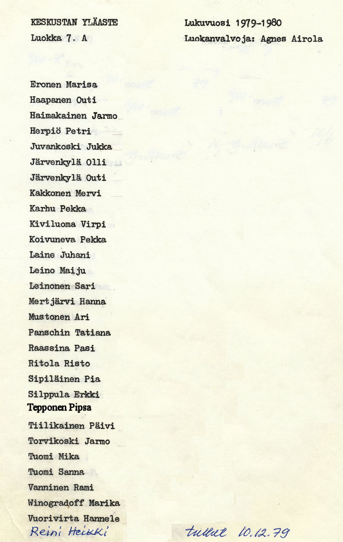 Oppilasluettelo yl�aste 1979-80 sivu 1