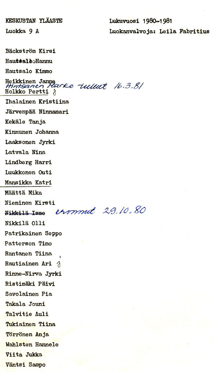 Oppilasluettelo yl�aste 1980-81 sivu 13
