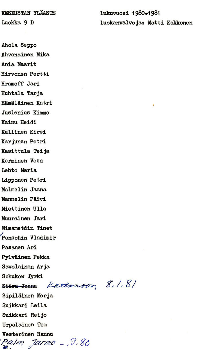 Oppilasluettelo yl�aste 1980-81 sivu 16